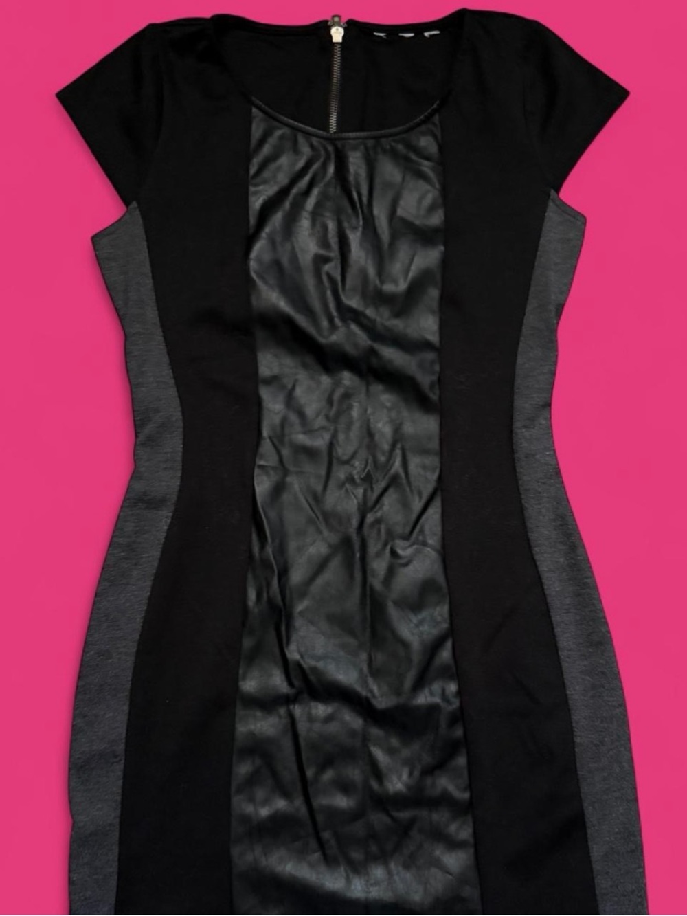Calvin Klein Black and Gray Faux Leather Panel Sheath Dress